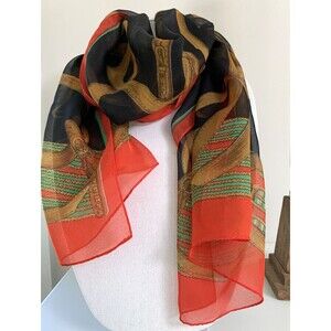 Vintage Scarf Western Belts Print Red Brown Black Green Rectangular Light 61x15